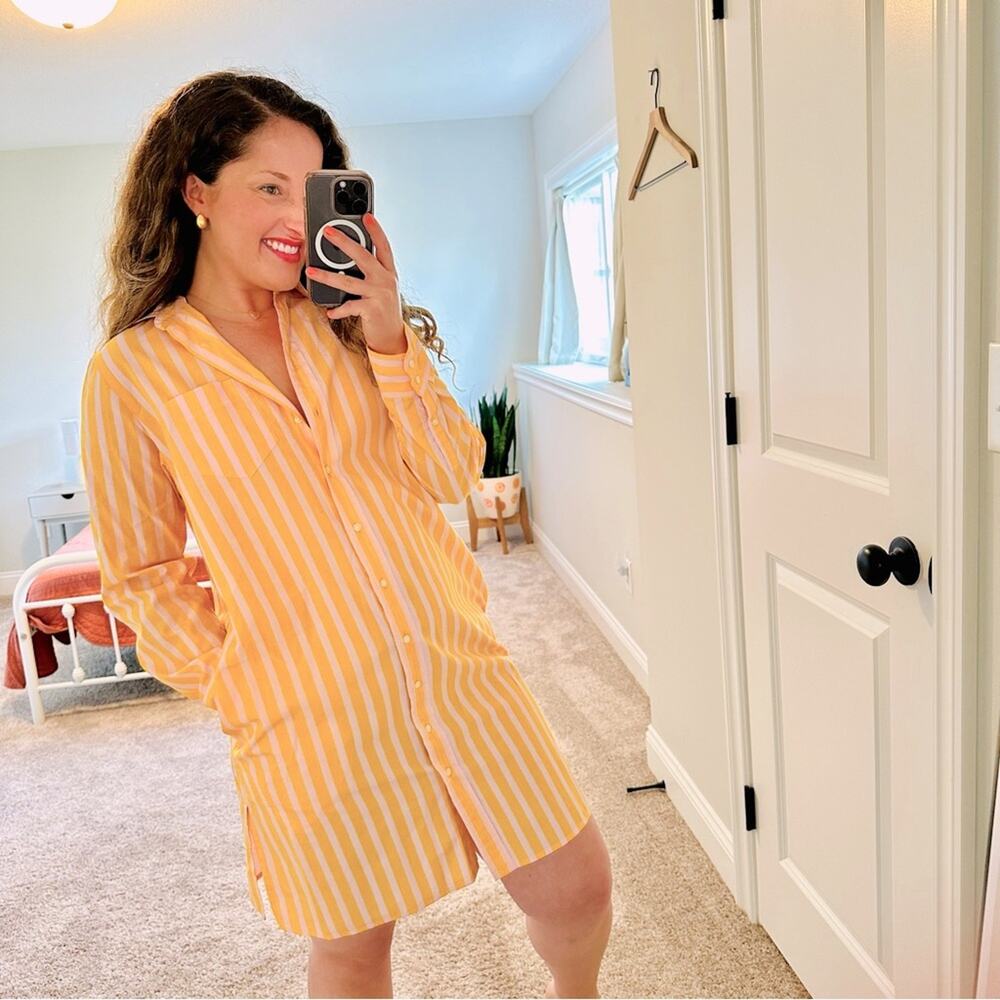 J. Crew Pink Yellow Button Front Long Sleeve Mini Dress XS